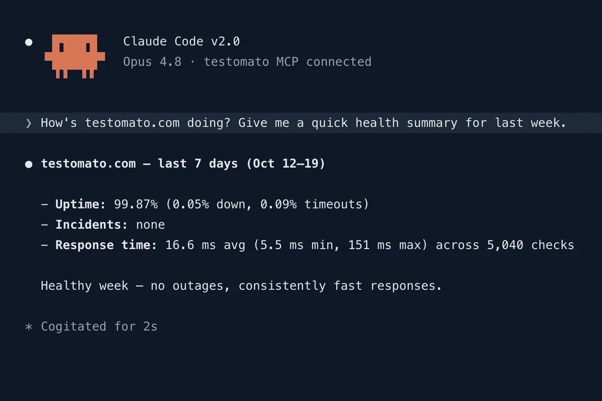 Claude Code answering a question about testomato.com with last week's uptime, incidents and response time from Testomato