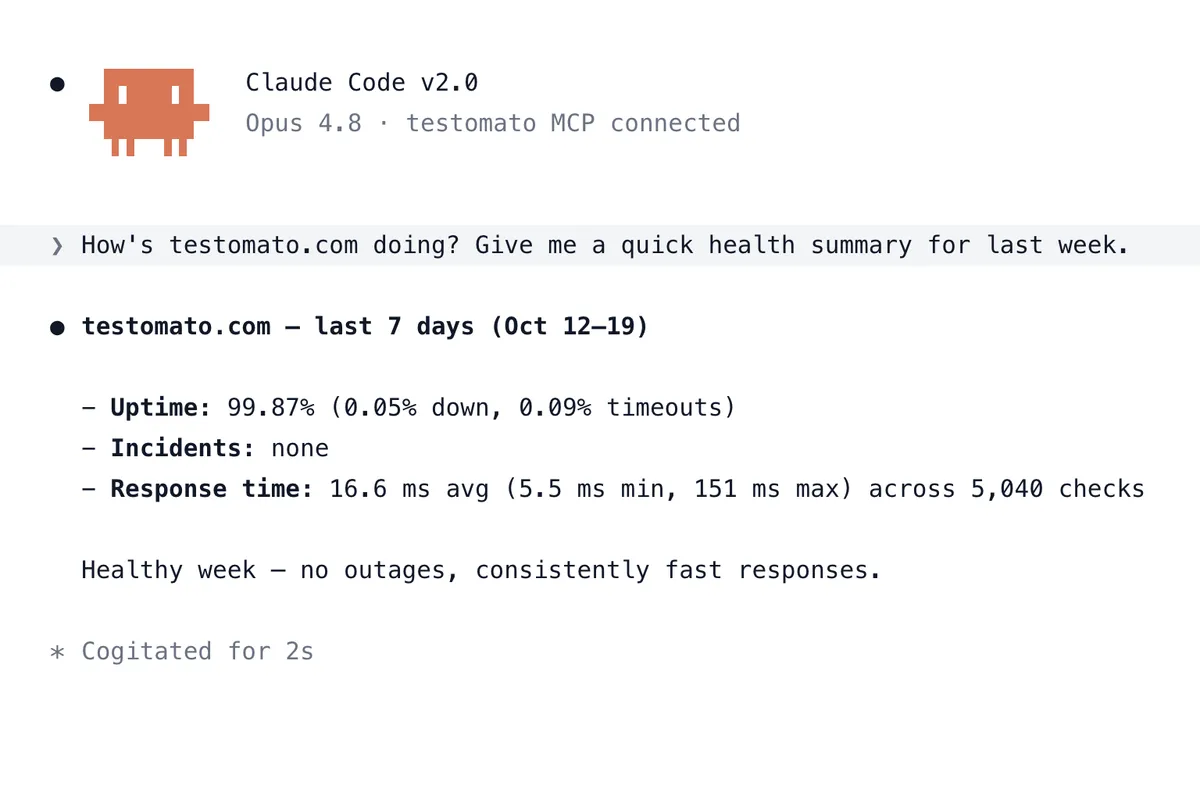 Claude Code answering a question about testomato.com with last week's uptime, incidents and response time from Testomato