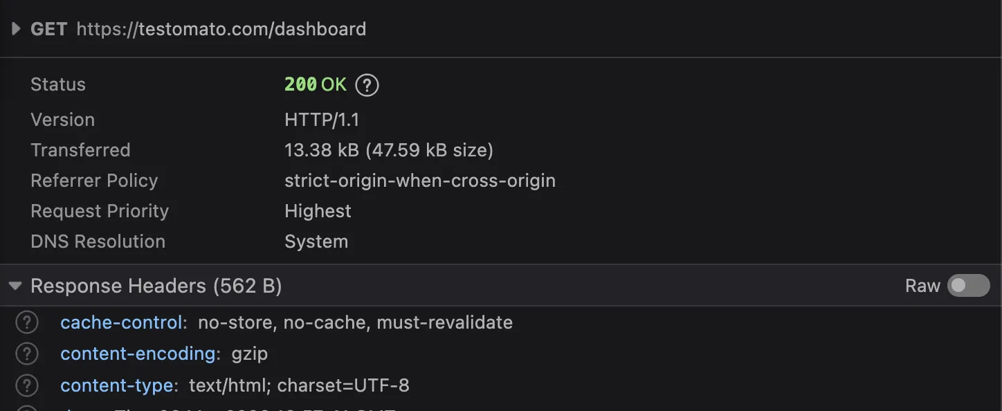 Browser DevTools network panel showing a 200 OK response with response headers