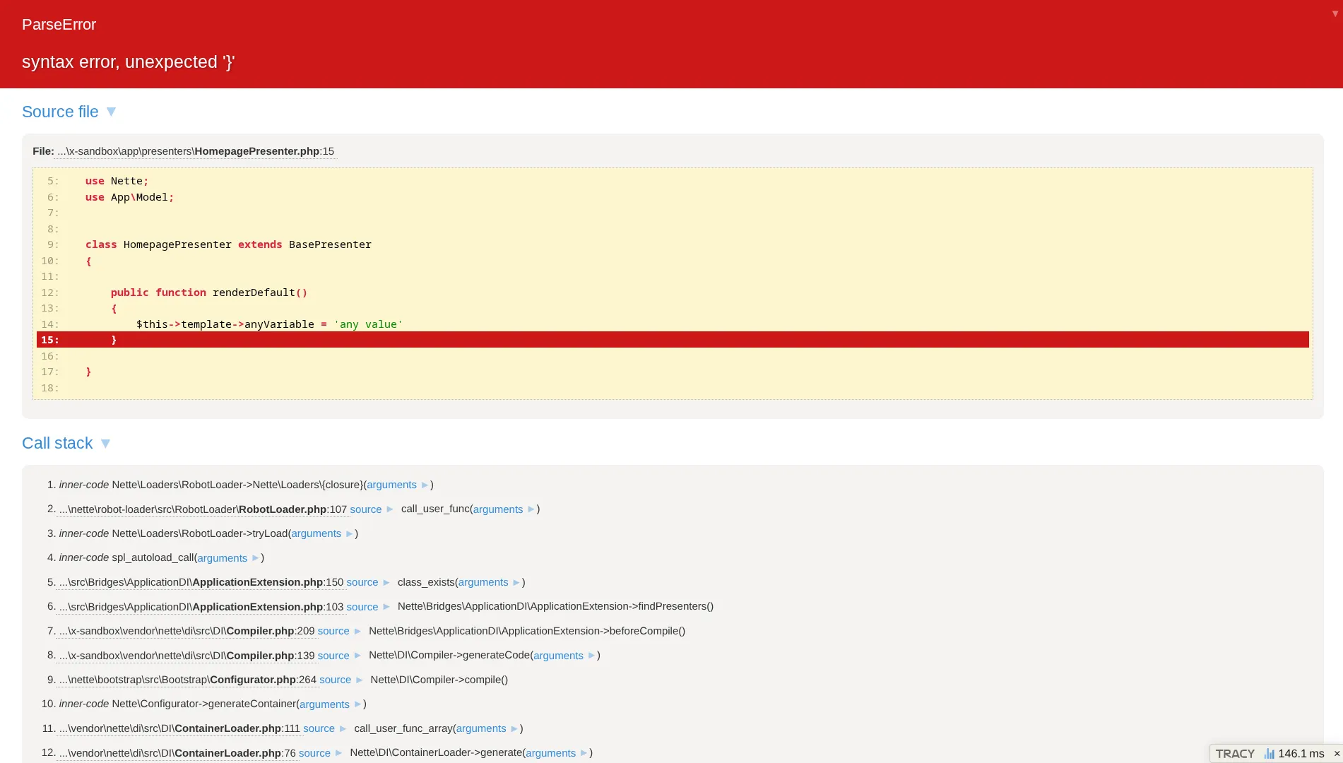 PHP Tracy debugger error detection