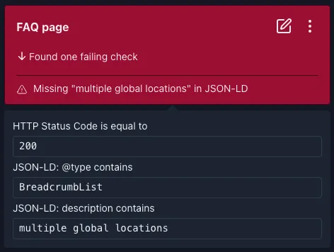 JSON-LD checks detail view with a failing check