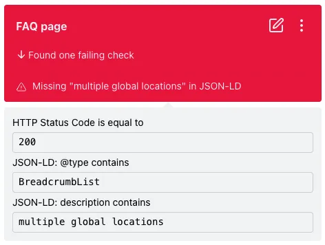 JSON-LD checks detail view with a failing check