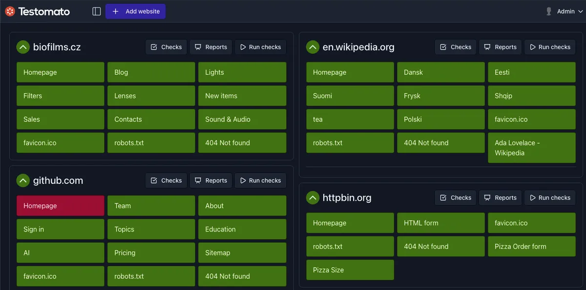 Testomato multi-project dashboard with JSON-LD monitoring across multiple sites