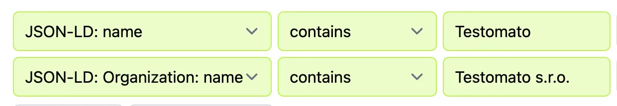 Two JSON-LD check rules in Testomato: an unscoped rule matching "JSON-LD: name contains Testomato" and a type-scoped rule matching "JSON-LD: Organization: name contains Testomato s.r.o."