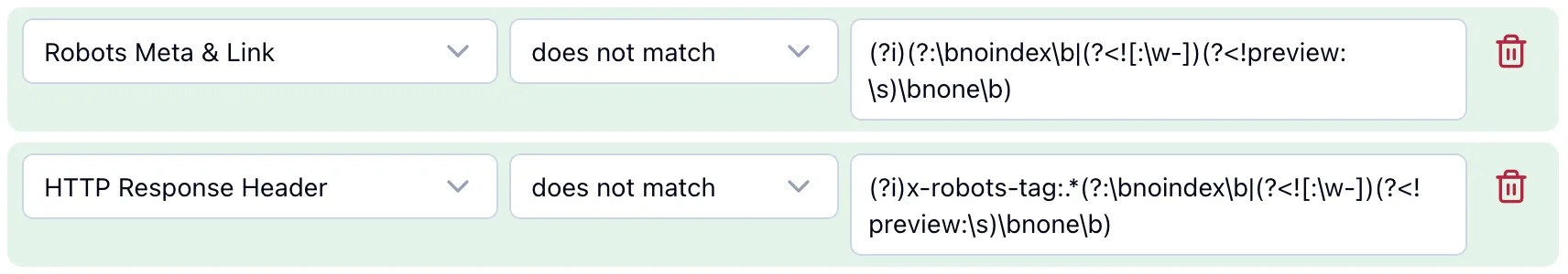 Robots Meta & Link and HTTP Response Header rules that fail on noindex