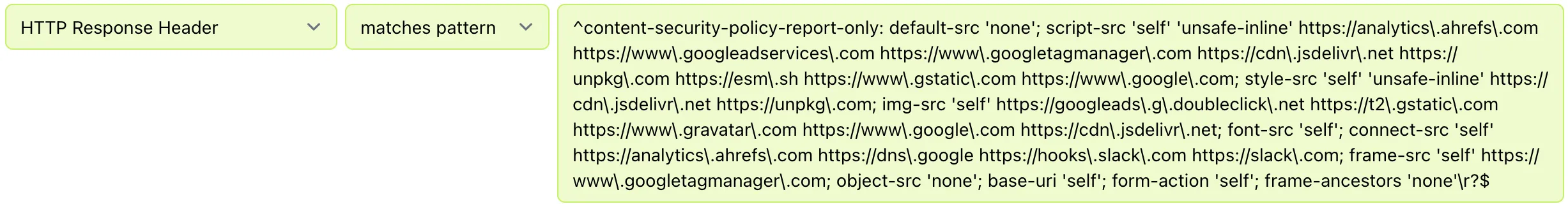 Testomato check matching the Content-Security-Policy-Report-Only header value with a regex pattern