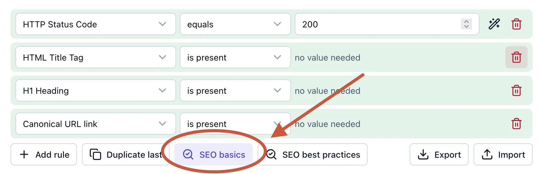 SEO basics and SEO best practices preset buttons in the Rules card