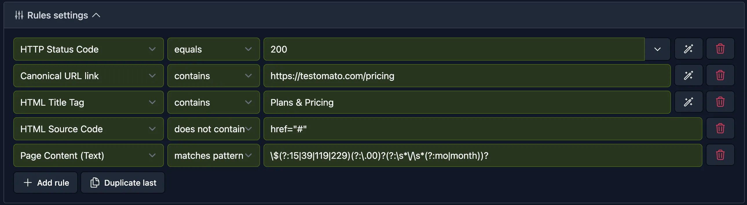Testomato Rules Settings panel showing five checks configured for a pricing page: HTTP status code equals 200, canonical URL contains testomato.com/pricing, HTML title tag contains "Plans & Pricing", HTML source code does not contain href="#", and page content matches a regex pattern for USD pricing values.