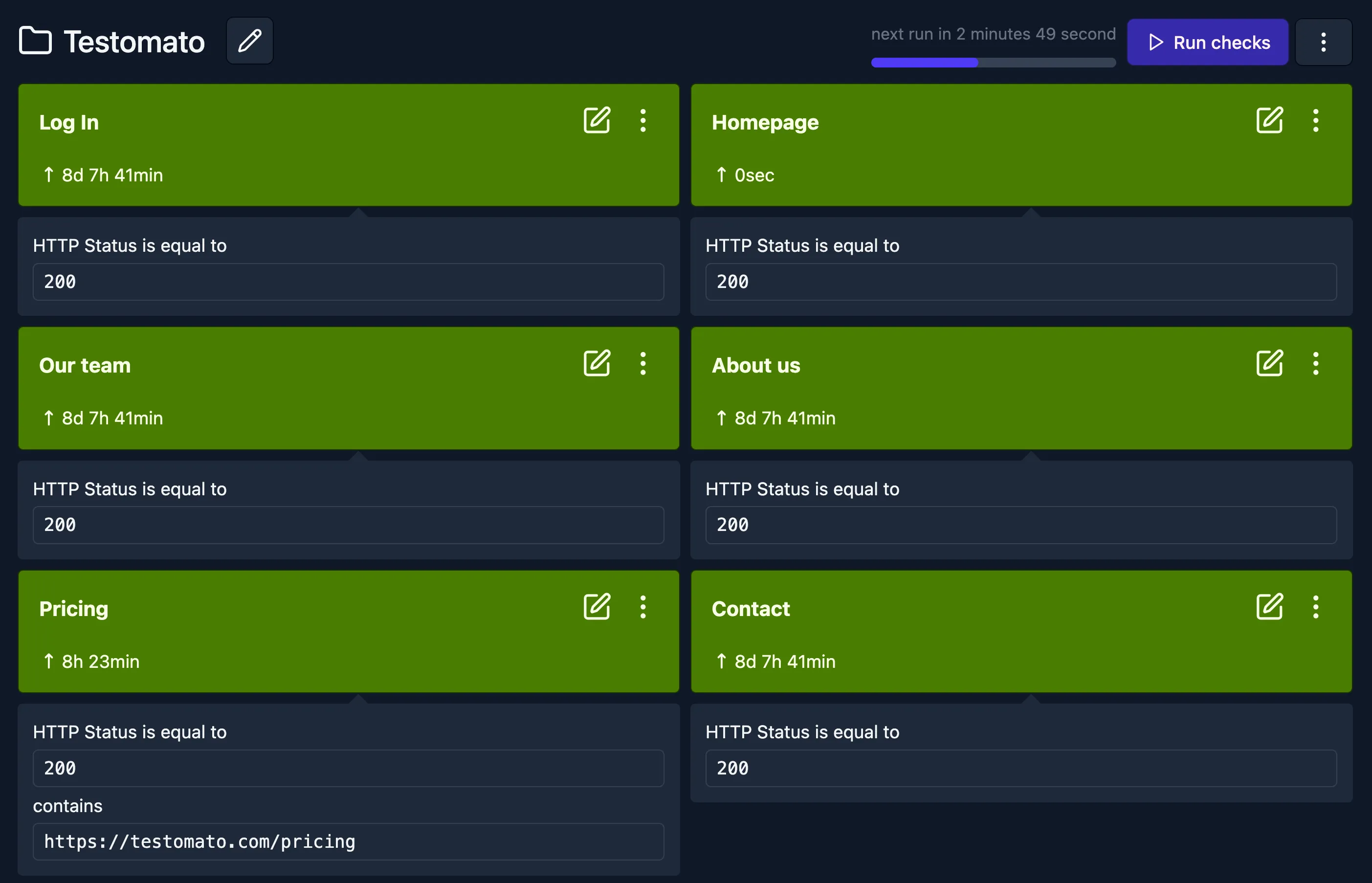 Testomato dashboard showing HTTP status code checks across multiple URLs