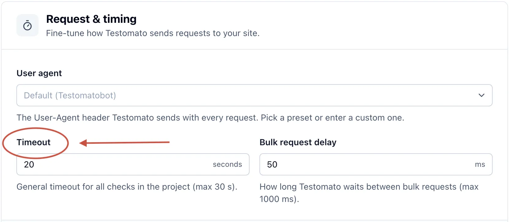 Testomato Project Settings > Request & Timing section showing the timeout threshold field and configuration options