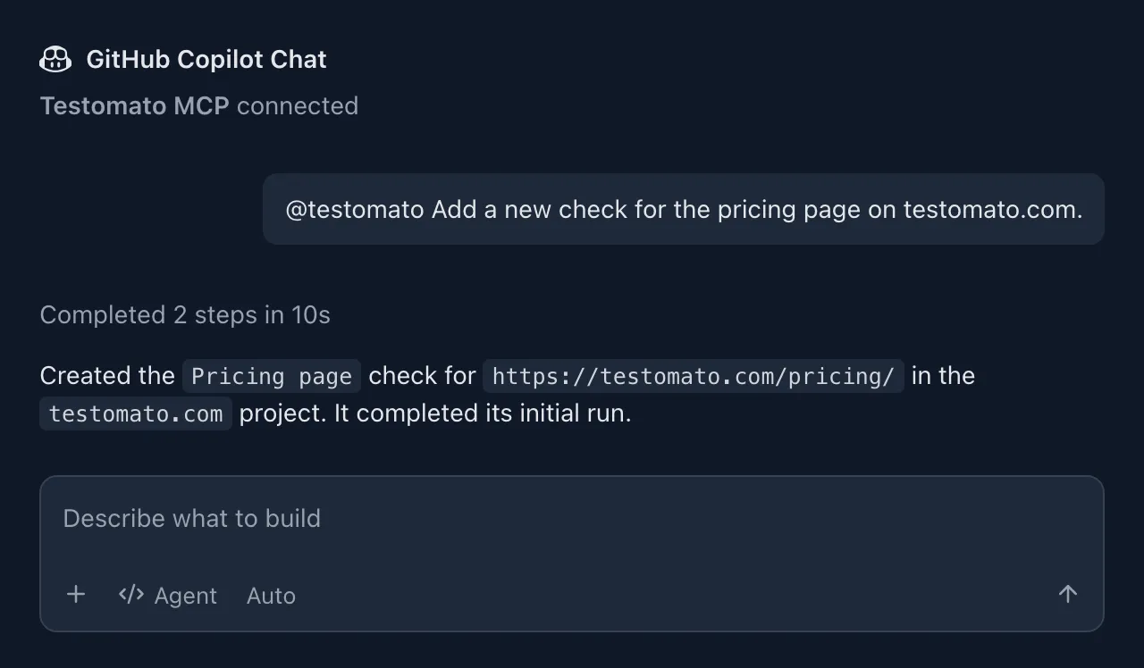 GitHub Copilot Chat in VS Code adding a check for the testomato.com pricing page through the Testomato MCP server