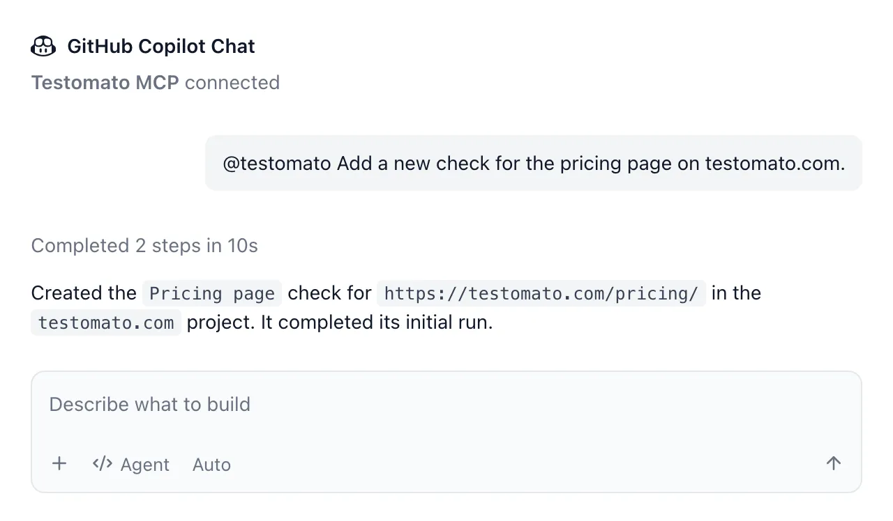 GitHub Copilot Chat in VS Code adding a check for the testomato.com pricing page through the Testomato MCP server