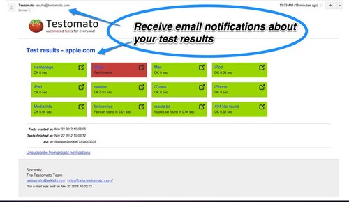 email notifications of tests results