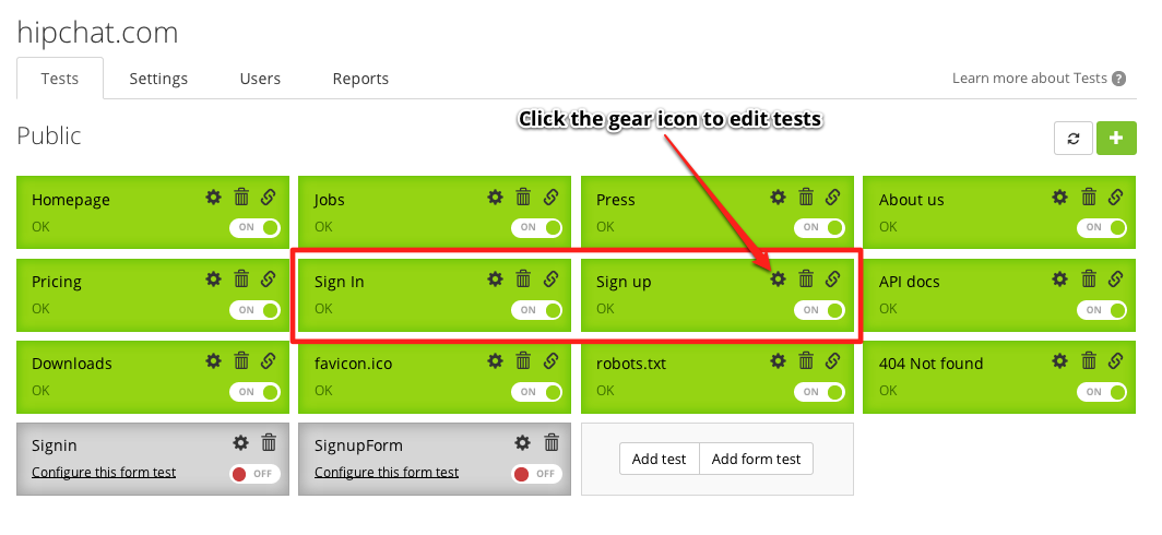 Click the gear icon to edit tests.
